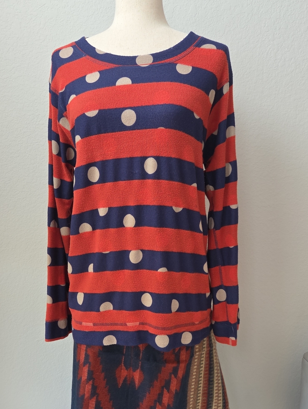 Nally & Millie Navy Coral Striped Polka Dot Long Sleeve Top Warm Made In USA L